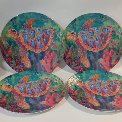 Leoma Lovegrove Sea Turtle Melamine Plate Set 4 Coastal Beach Ocean 10.5'' NEW