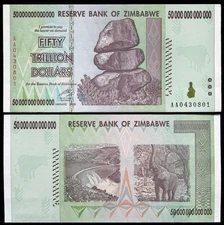 2008 50 TRILLION DOLLARS ZIMBABWE BANKNOTE, AA P-90 GEM UNC