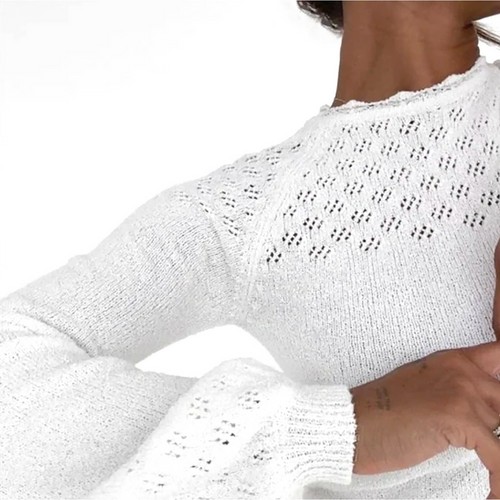 Gerücht weiß Strick Langarm Pullover Minikleid Small Vermont Pointelle Boho - Bild 4 von 7