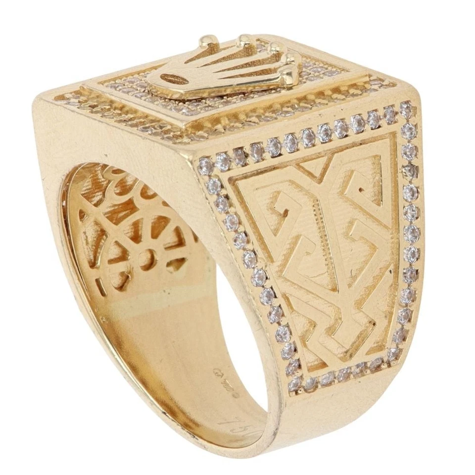 Anillo de sello con corona de diamantes creado en laboratorio enchapado en oro amarillo de 14 quilates regalo de 2,5 quilates para él Foto 2 de 4