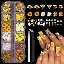 12 Grids Tiny Bee Nail Art Charms Resin Cartoon Daisy Flower tiny, yellow
