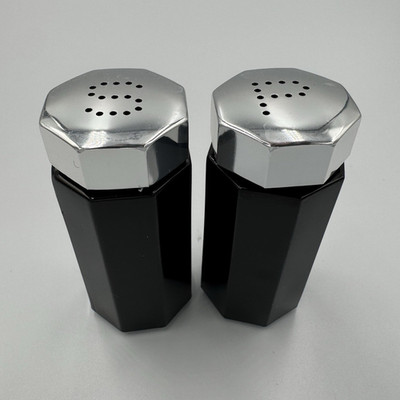 Vintage Black Octagonal Salt & Pepper Shakers Set, Silver-Tone Tops, France