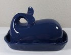 Whale Shaped Butter Dish w/Lid Navy Blue Stoneware Nautical Beach Mermaid Decor