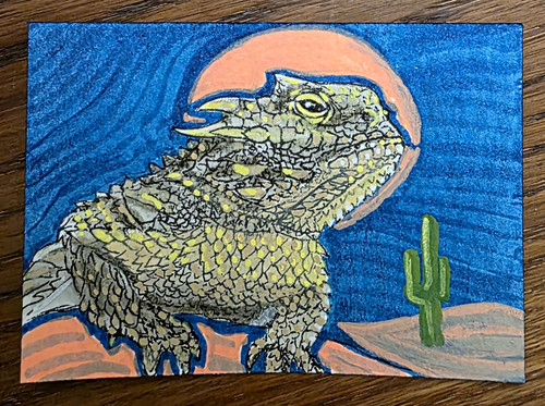 ACEO Original Lizard Desert Blue Sun & Cactus Contemporary theenchantednook