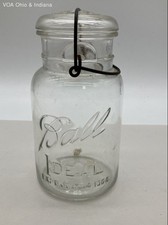 Ball Ideal Mason Jar Canister Clear Pressed Glass Wire Bail Lid 8" Vintage