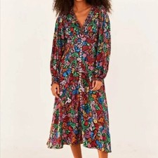 Farm Rio Style Floral Tropical Garden Button Front V-Neck Midi Dress Multicolor
