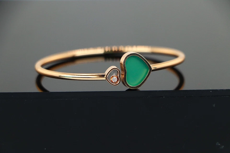 Brazalete Brazalete Chopard Oro Rosa 18k Corazones Felices Ágata Verde Diamante Flotante Foto 3 de 4