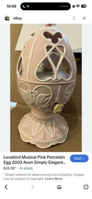 2003 Avon Simply Elegant Pink Bisque Porcelain Musical Egg /  Love Birds