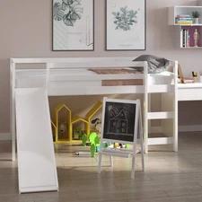 Twin Size Loft Bed with Slide & Stairs – Low Loft Bed for Kids, Solid Wood Frame