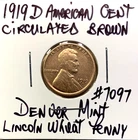 1919 D American Cent Circulated Brown Lincoln Wheat Denver Mint Penny