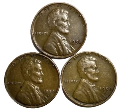 1950 P D S Lincoln Wheat Cents (3) Coins Average Circulated/Better FREE SHIPPING