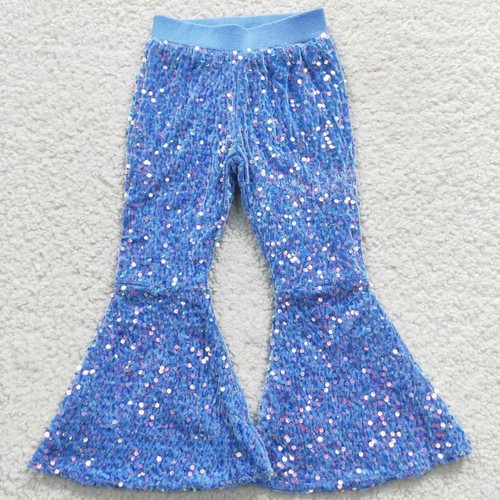 Light Blue Sequin Flare Pants Sparkle Dance Wide Ruffle Pants Toddler Girls - Picture 17 of 23