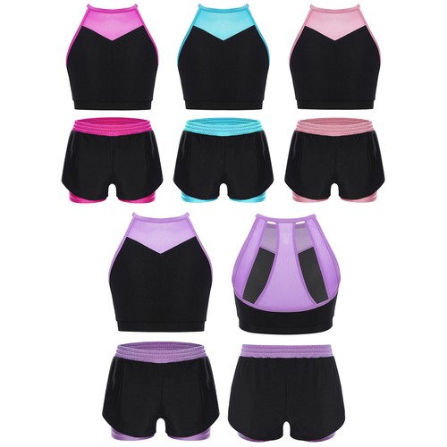 Girls Tracksuits Workout Yoga Sports Outfits Crop Top with Quick Dry Shorts Sets - Picture 2 of 22