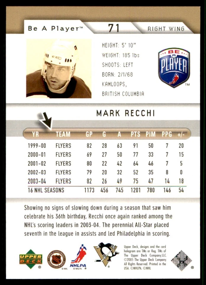 2005-06 Upper Deck Be a Player Mark Recchi Pittsburgh Penguins #71 - Image 2 of 2