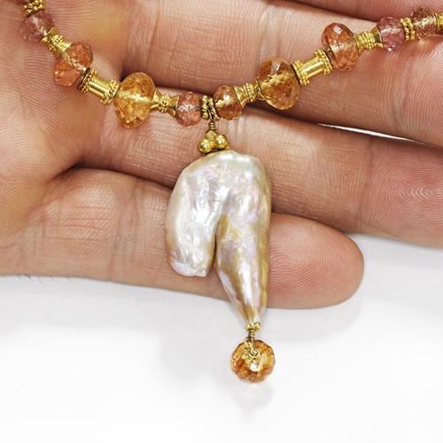 Baroque Pearl Pendant Necklace w/ Citrine and Amethyst’s 18kt Yellow Gold 17.5” - Picture 12 of 12