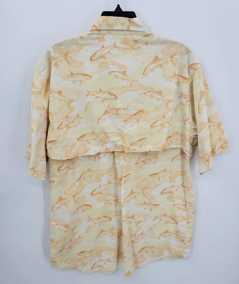 Cabelas Shirt Mens Large Tan Orange Fish Print Short Sleeve Button Up Pockets - Image 2 of 4