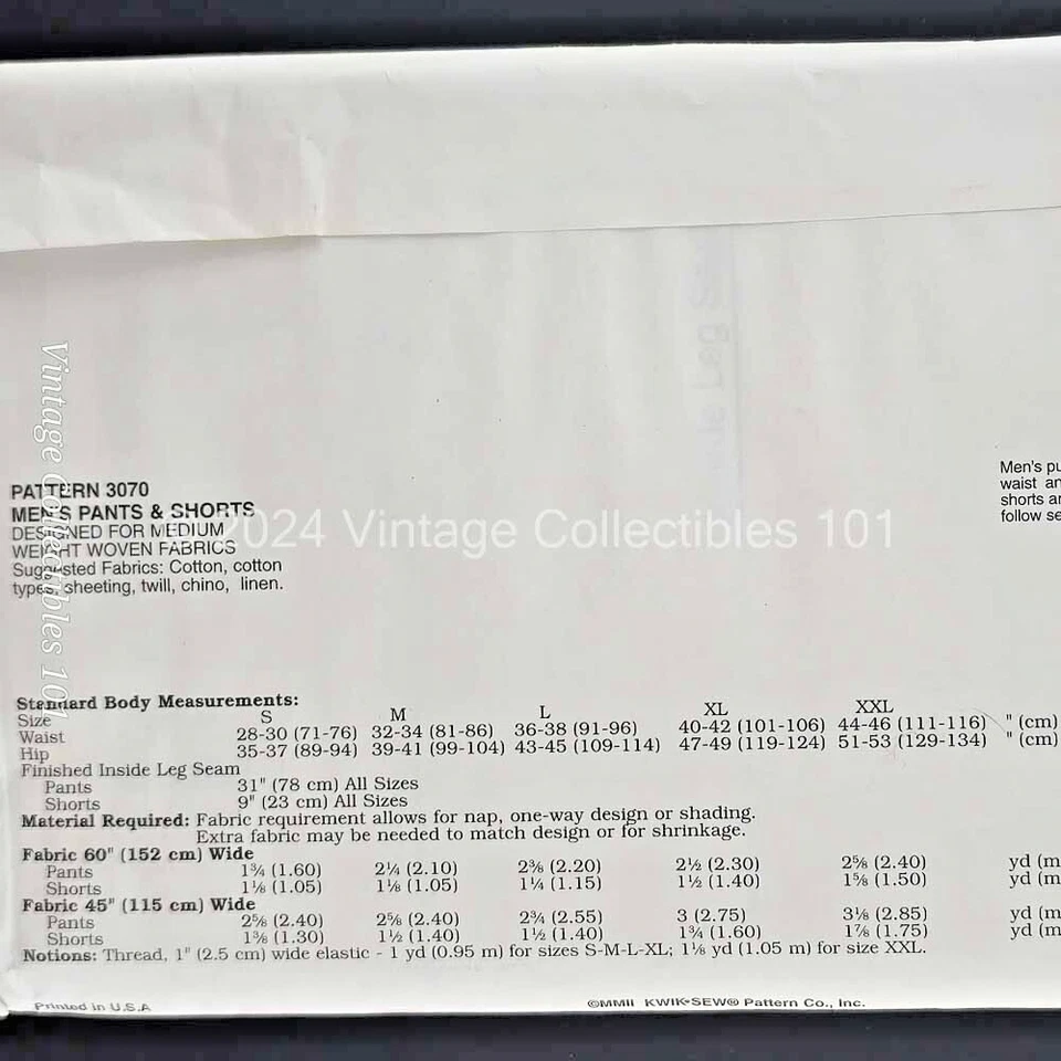 Kwik Sew Pattern 3070 Men's Pants Shorts Size S M L XL XXL Uncut FF - Image 4 of 4