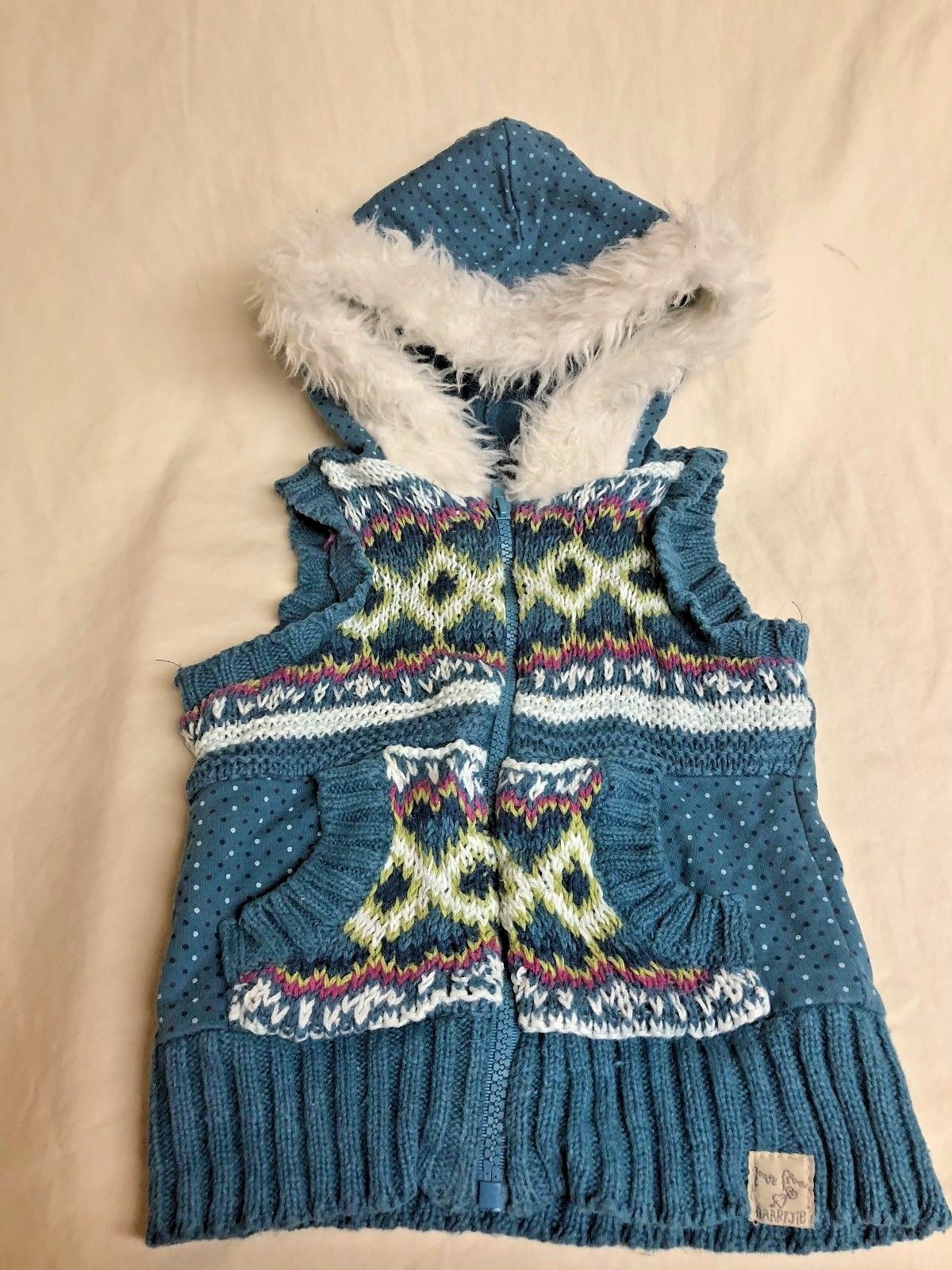 Girls Love from Naartjie Kids Sweater Vest Faux Fur Hood Blue Size Small 4 Yrs