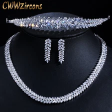Marquise Cut Cubic Zirconia Women Party Leaf Necklace Earring Tiara Jewelry Set