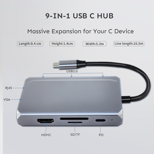 MaanBey Hub Docking Station 9 in 1 USB C Multiport Adapter with 4K HDMI USB 3.0 - Picture 8 of 9