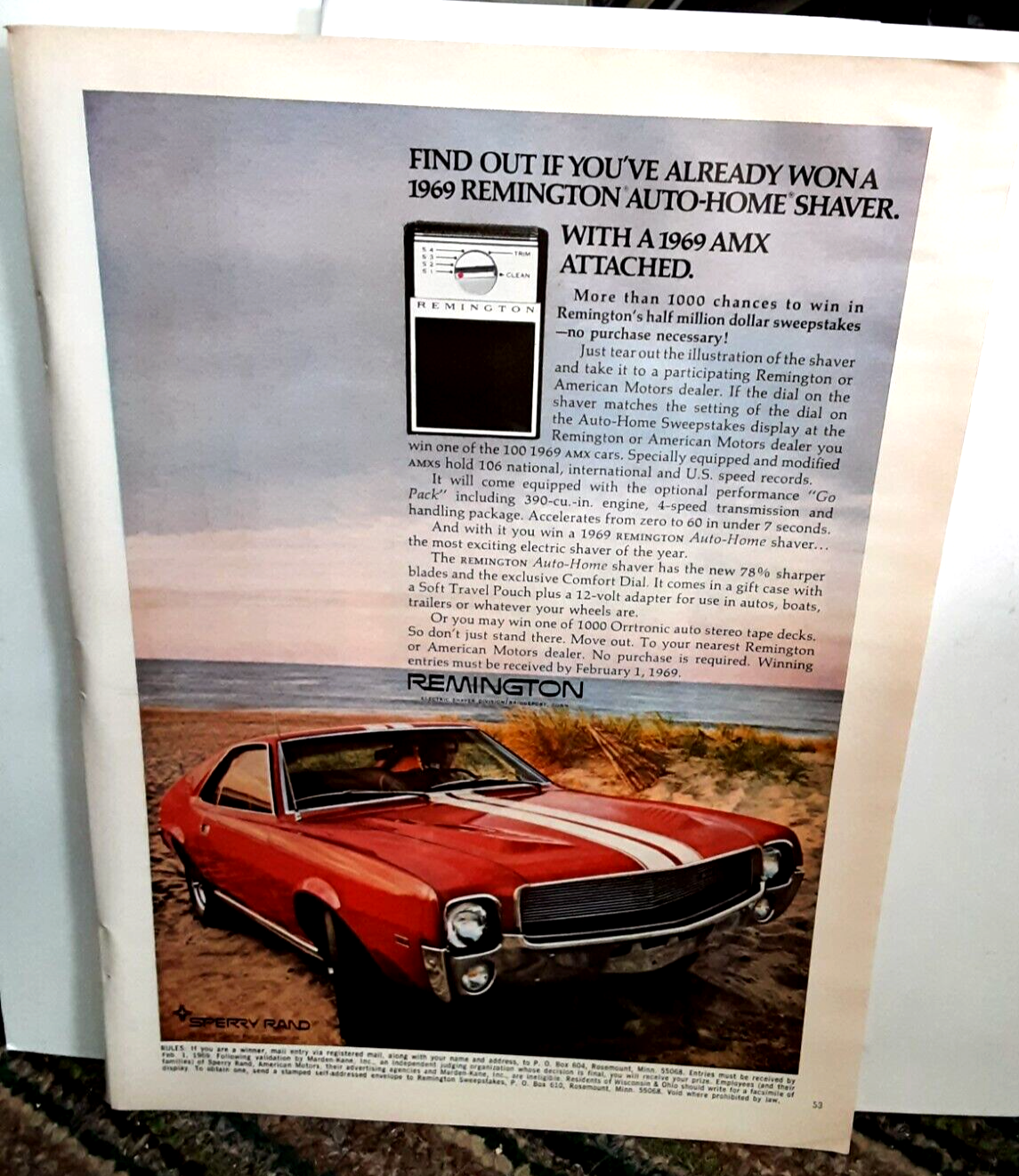 1968 1969 Remington Shaver with 1969 AMX Car Vintage Print Ad 60s Original