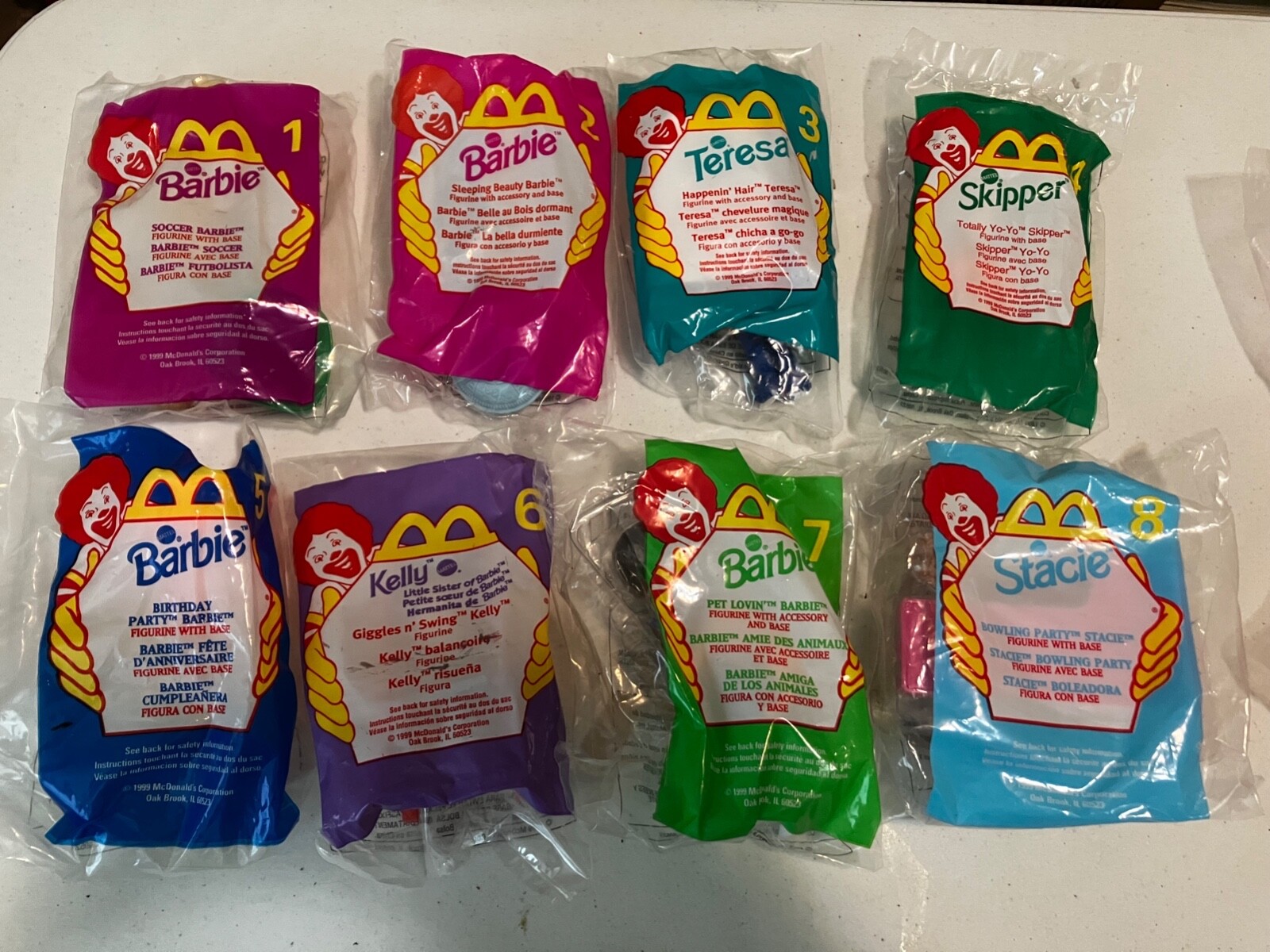 1999 McDonalds Barbie Happy Meal Toys Complete Set of 8 Sealed  - Happy Meal Bag