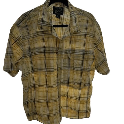 Woolrich Mens XLarge short Sleeve Green brown yellow Plaid Checks Flannel Shirt