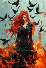 MORRIGAN FIRES ART PRINT, Witchy Gothic Poster, Celtic Goddess Decor Crow F134