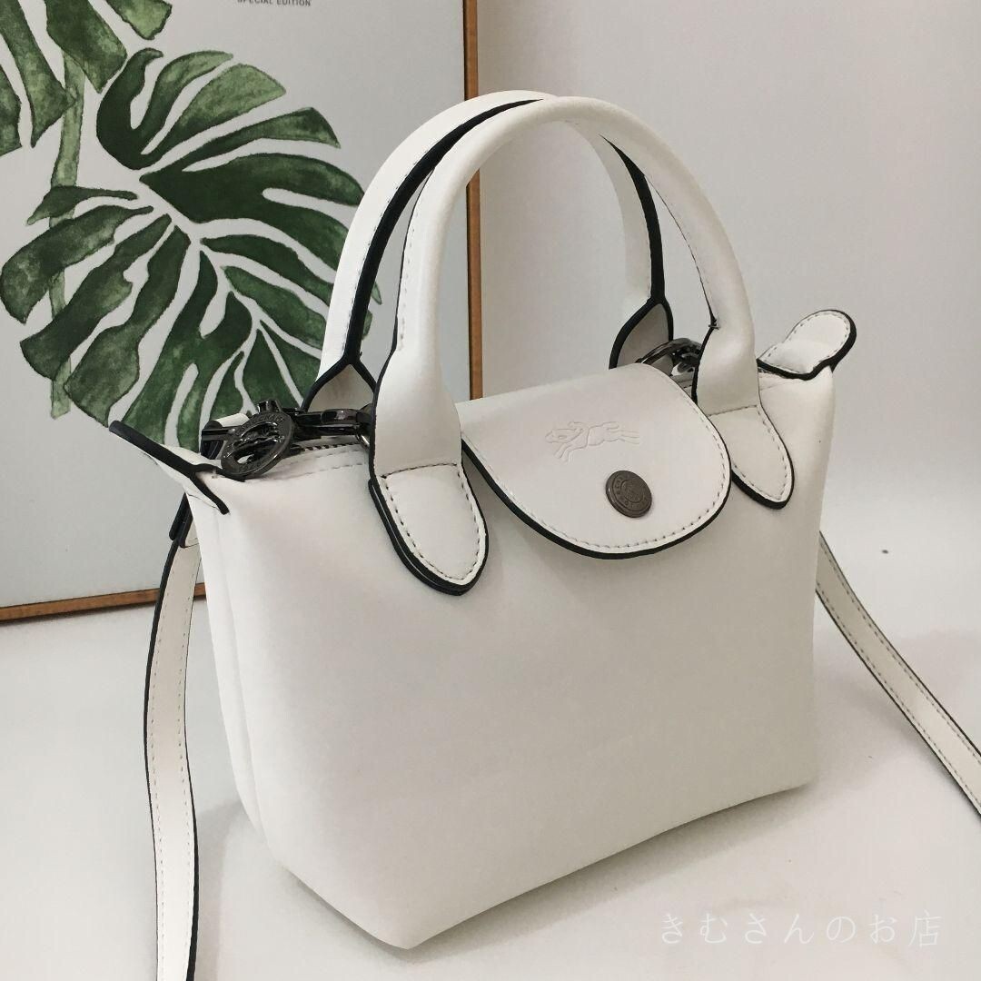 LONGCHAMP LE PLIAGE CUIRオールレザー 2WAY Lサイズ Longchamp Le Pliage Cuir XS WHITE Shoulder Handle 2Way Bag W