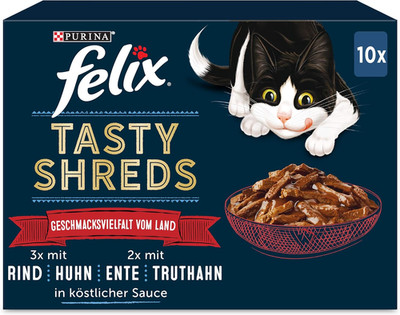 Felix Tasty Shreds Katzenfutter Nass in Sauce, Geschmacksvielfalt Vom Land, 6Er