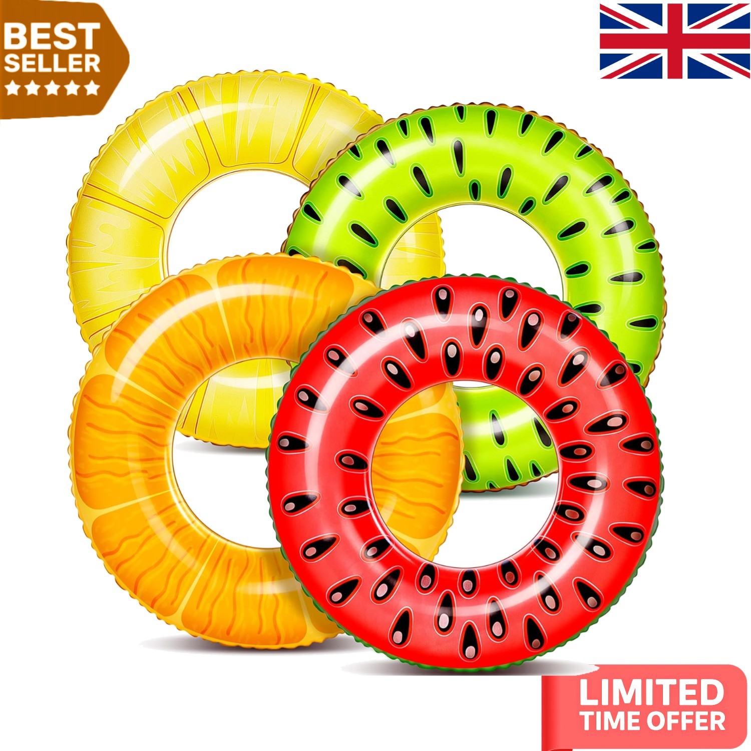 Vibrant 4 Pack Inflatable Pool Floats - Fun Fruit Swim Tubes for All Ages!
