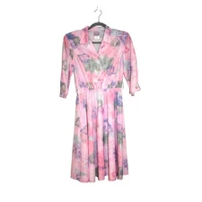 Vintage California Looks Dress Pink Size 10P Cottagecore Ferns Leaves Belt 1980s