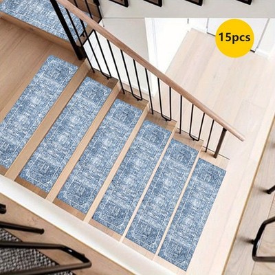 15pcs of Blue Vintage Patterned Stair Carpets with Rubber Non-Slip Backing, De