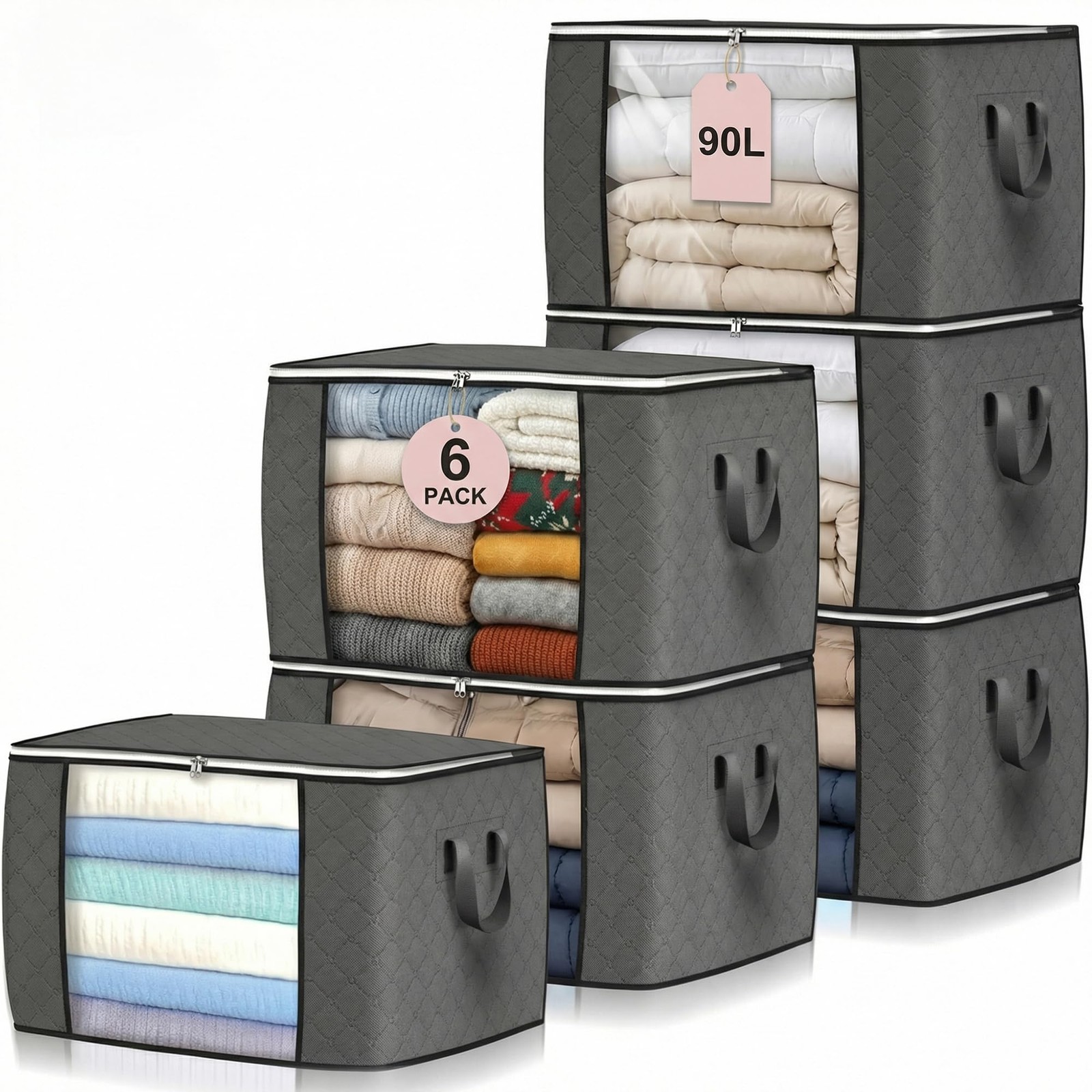 Budding Joy 6 Pack 90L Storage Bags, Large Clothes Bags 6 Pack, Grey