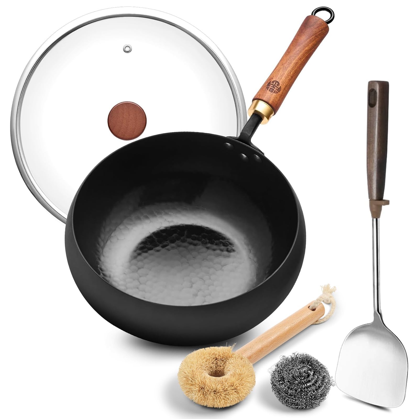 9.5-Inch Wok Pan with Lid – Handmade Round Cooking Wok, Deep Frying Pan with ...