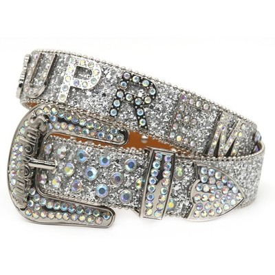 Y2K Silver Rhinestone Glitter Letter Belt Bling Hip Hop Streetwear 49.2''