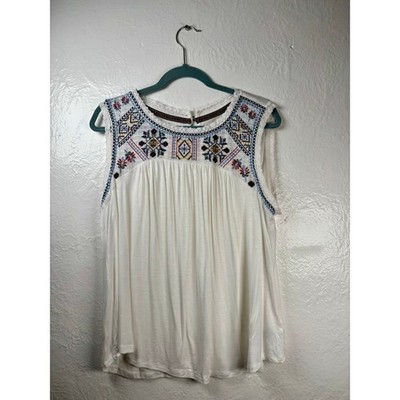 Embroidered Boho Tank Top Womens XL White Nordic Peasant Festival Folk Witchy
