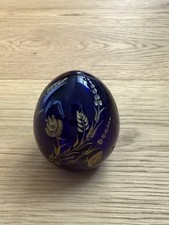 Vintage Faberge Cobalt Blue Glass Egg, Gold Gilt Etching Flowers  