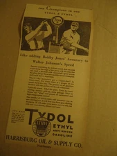 Tydol Ethyl Gas 1928 newspaper ad with Bobby Jones and Walter Johnson