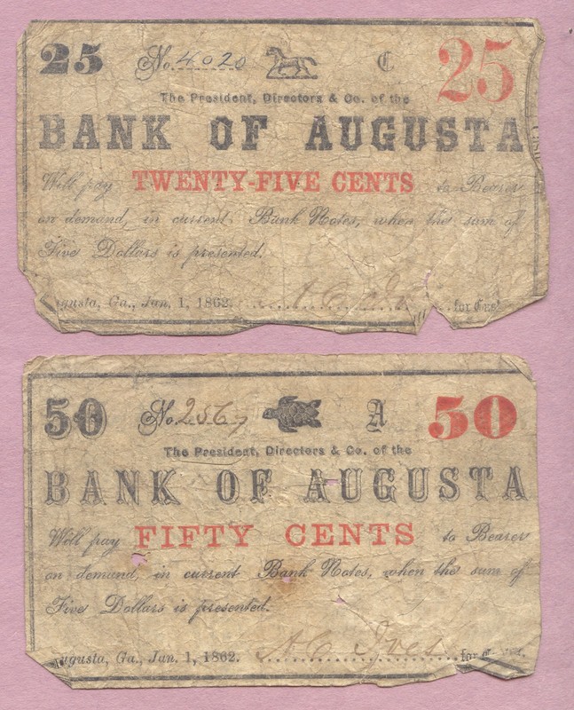 Scrip, 1862 Bank of Augusta GA, Georgia, 50 Cents, 25 Cents,