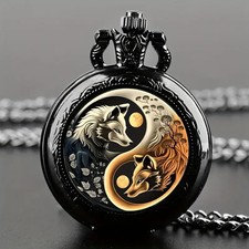 Unique Wolf Design Quartz Pocket Watch Black Alloy Case Non-Waterproof