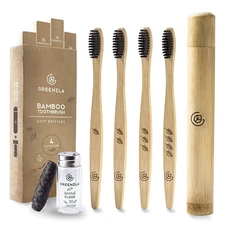 Bamboo Toothbrushes, Wooden Toothbrush Set with Soft Bristles, Includes Trave...