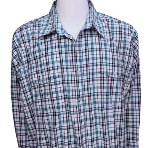 Wrangler Men RELAXED FIT Western Green Black Plaid Pearl Snaps Shirt Sz Big 4XL - Picture 3 of 11