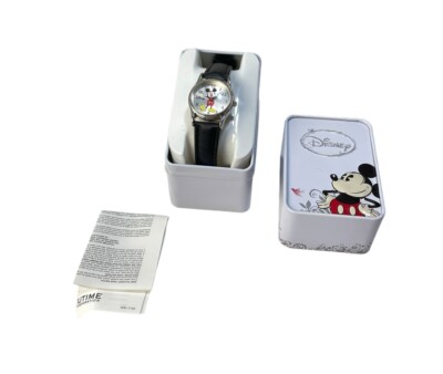 Disney Classic Mickey Mouse Watch Silver w Black Leather Band & Collectible Tin