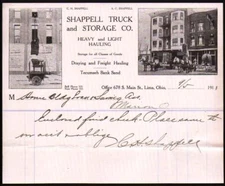 1911 Lima Ohio -  Shappell Truck & Storage Co - RARE History Letter Head Bill
