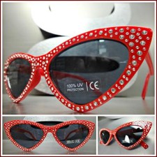 Classy Retro Cat Eye Style SUN GLASSES Red Frame Dark Lens Sparkling Rhinestones
