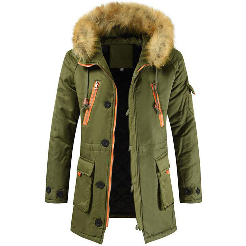 Men Padded Parka Jacket Winter Warm Thermal Faux Fur Hooded Parker Coat