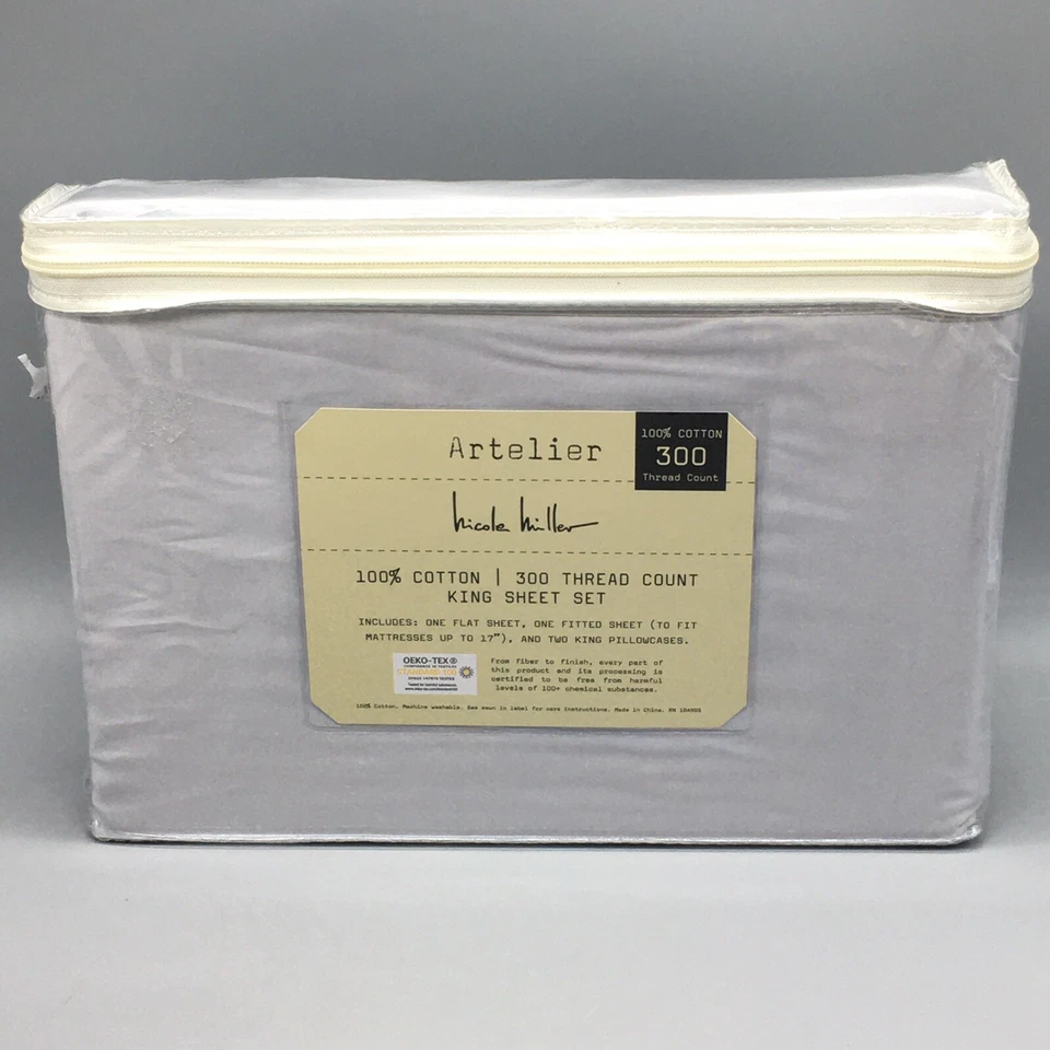 4pc Nicole Miller Artelier Light Gray KING Sheet Set 300 Thread Count Cotton NEW - Image 4 of 4