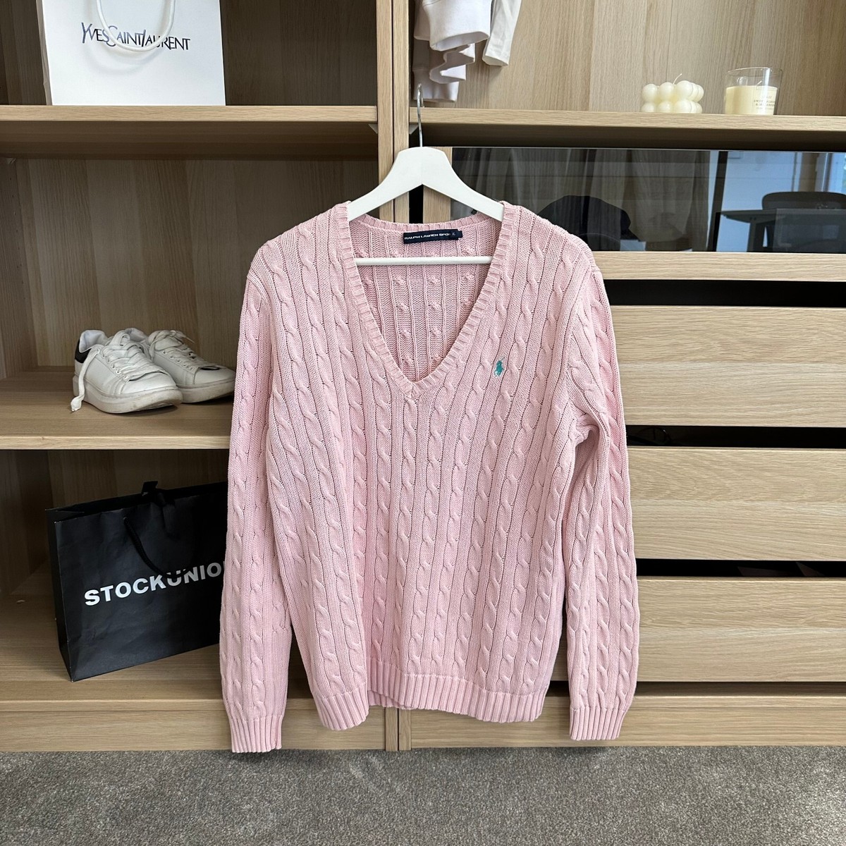 Cable Knit Sweater Pink V Neck Jumper Womens Shop Cable-Knit