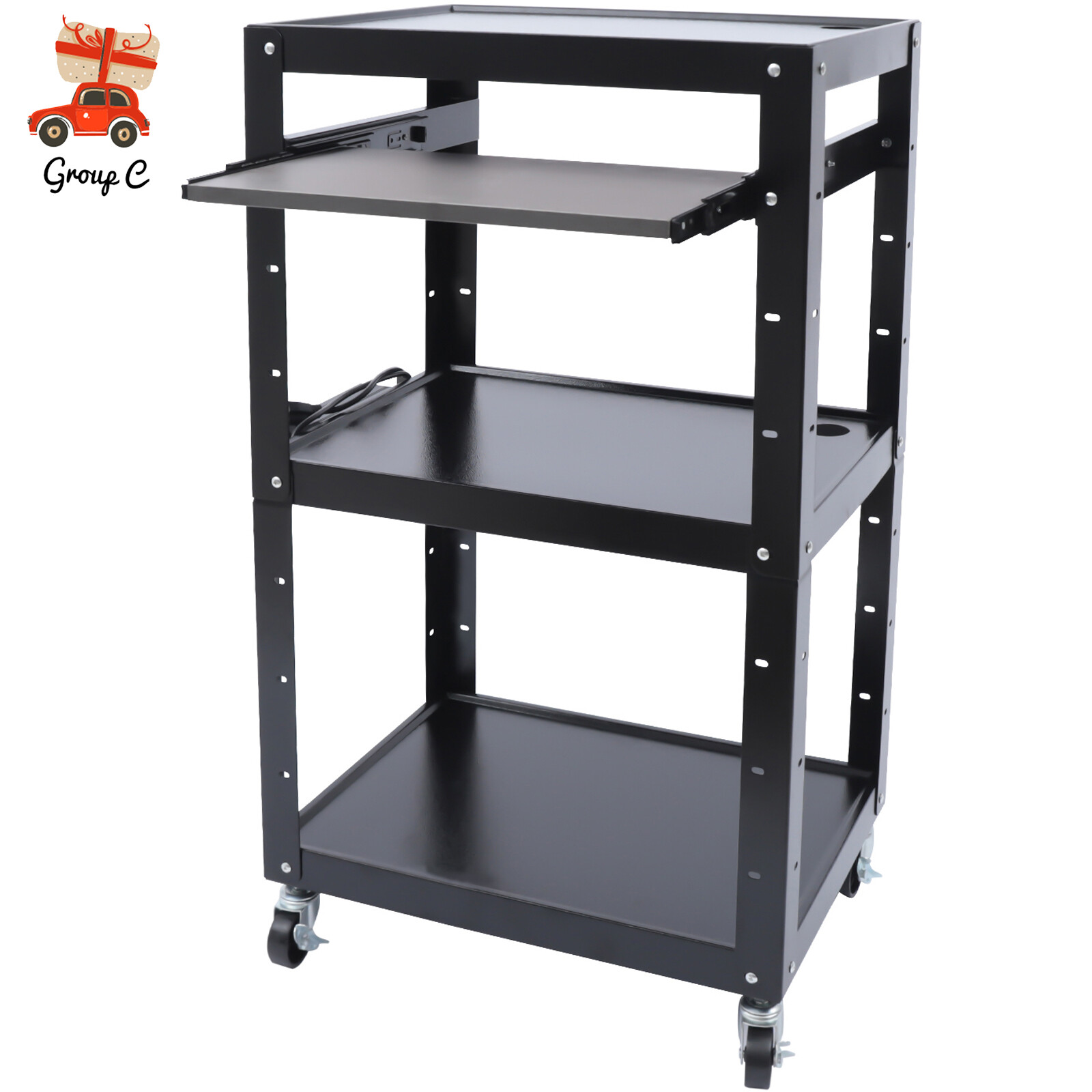 Steel Media Cart AV Cart With Keyboard Tray Mobile Cart Height Adjustable Shelf